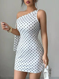 One-Shoulder Polka Dot Bodycon Mini Dress - Draped in Grace