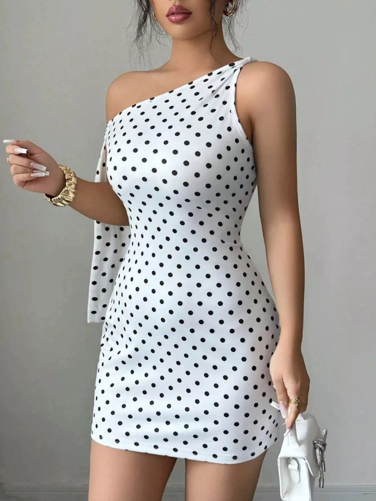 One-Shoulder Polka Dot Bodycon Mini Dress - Draped in Grace