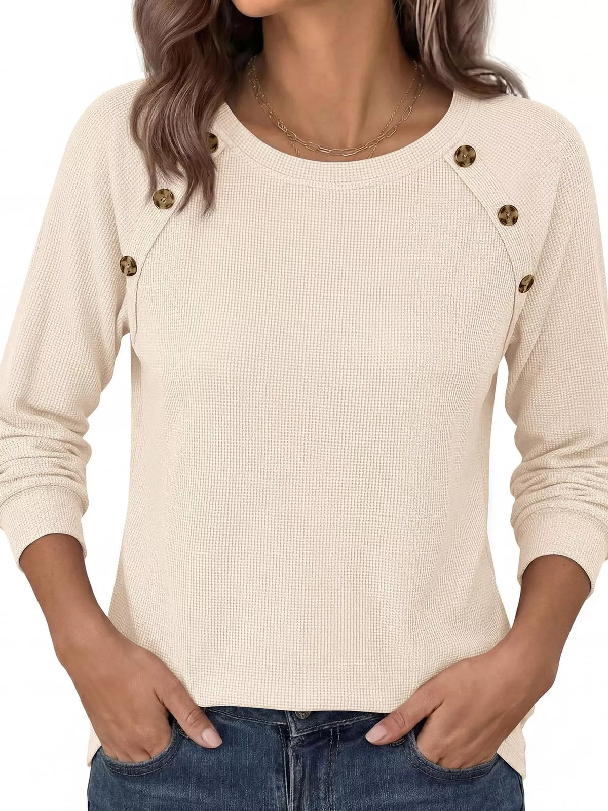 Decorative Button Waffle Knit Long Sleeve T-Shirt - Draped in Grace