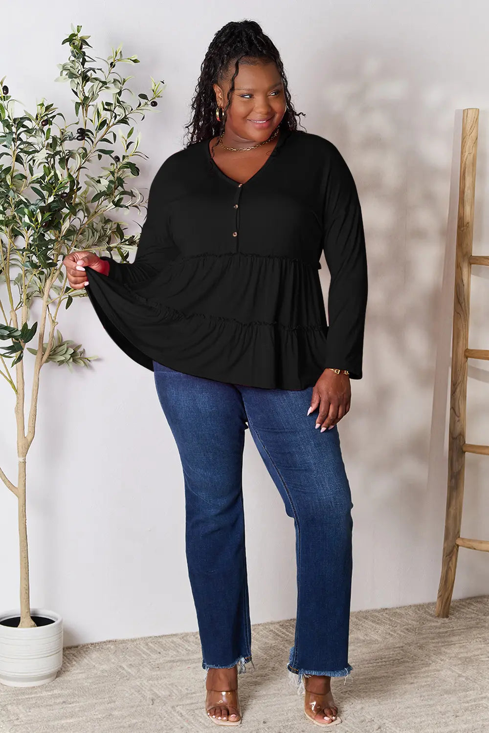 Double Take Half Button Long Sleeve Ruffle Hem Blouse - Draped in Grace