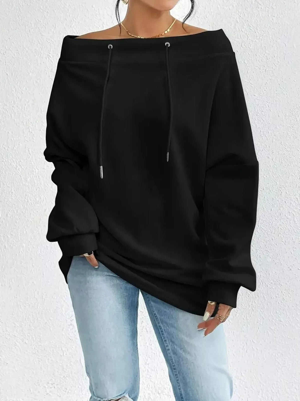 Off-Shoulder Drawstring Sweatshirt - Draped in Grace