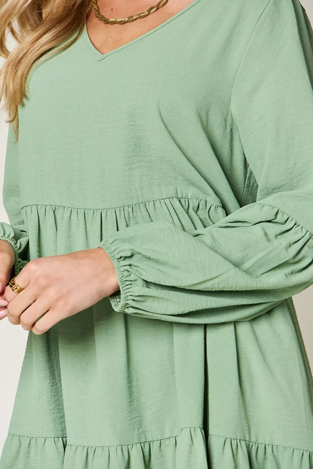 Double Take Full Size V-Neck Balloon Sleeve Tiered Dress with Pockets - Draped in Grace