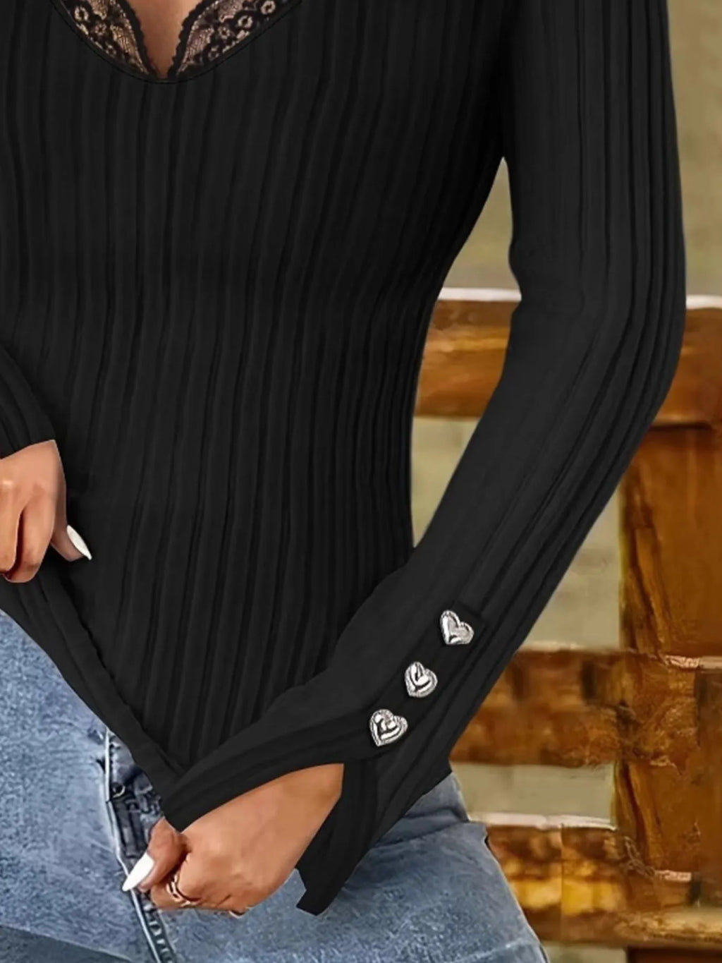 Full Size Ribbed V-Neck Lace Trim Long Sleeve T-Shirt Plus Size - Draped in Grace