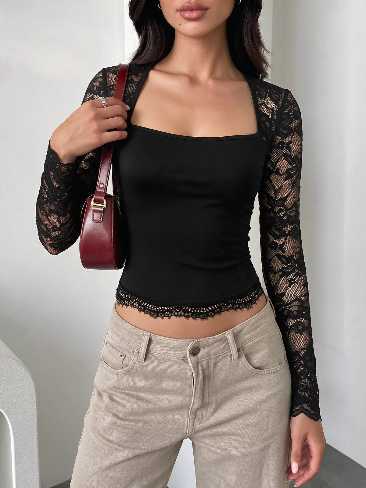 Lace Sleeve Square Neck Top - Draped in Grace