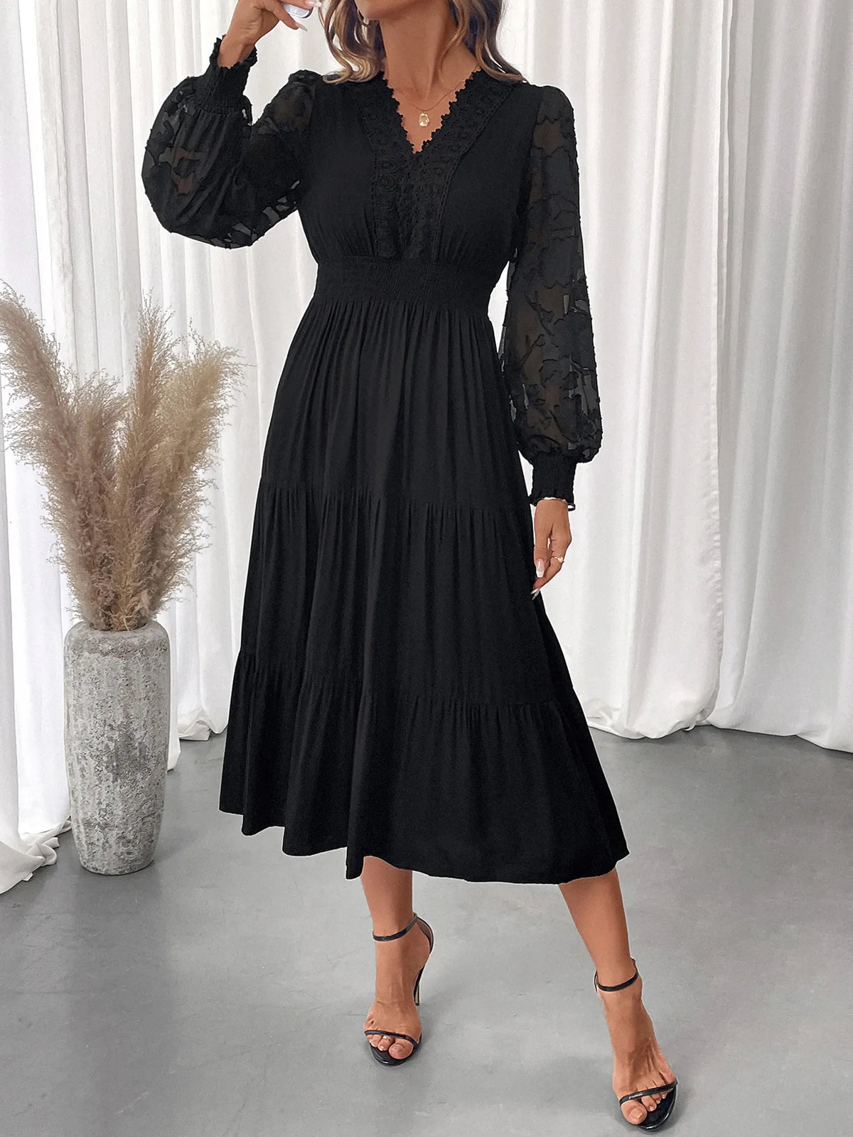 Lace Detail Lantern Sleeve Tiered Dress - Draped in Grace