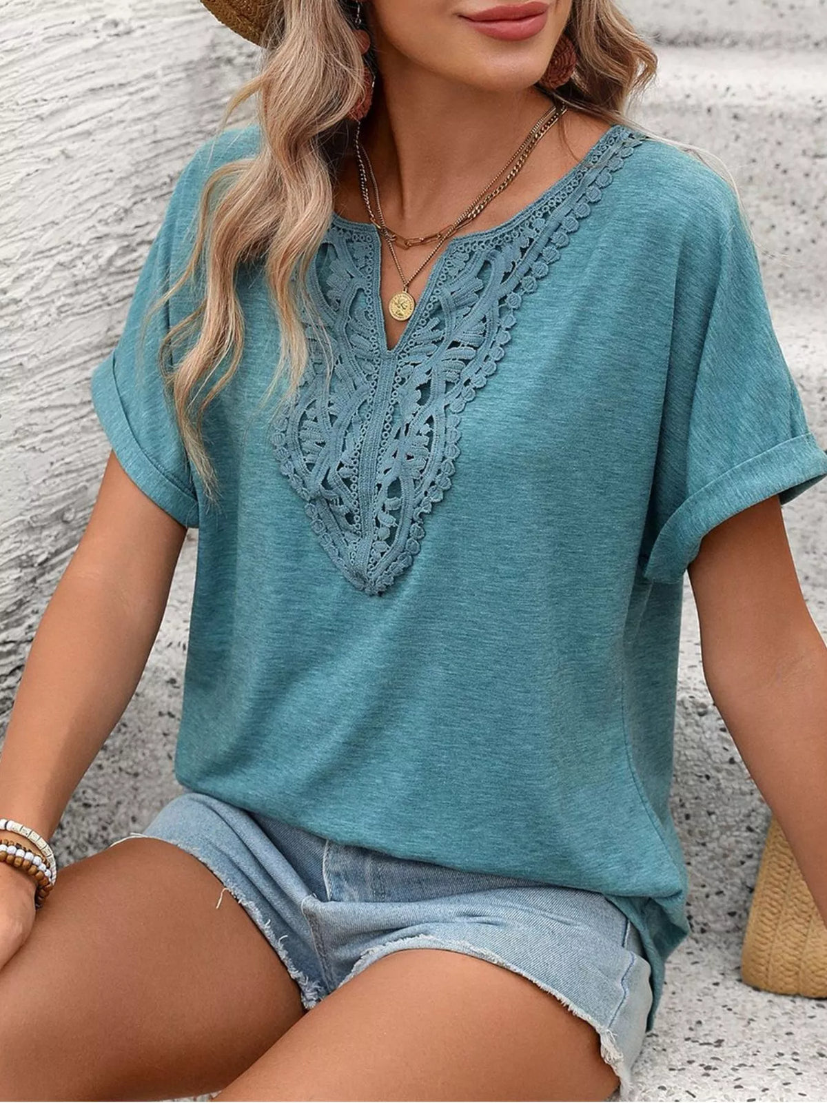 Lace Trim Short Sleeve T-Shirt - Draped in Grace