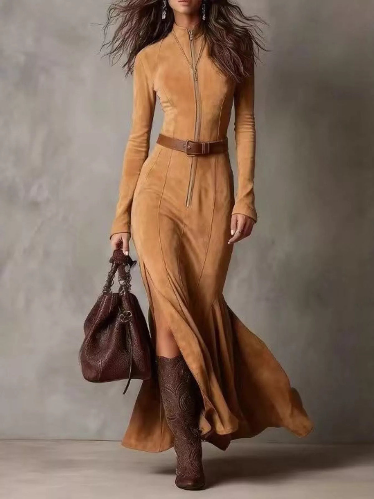 Full Size Slit Zip-Front Long Sleeve Maxi Dress with Belt Plus Size - Draped in Grace
