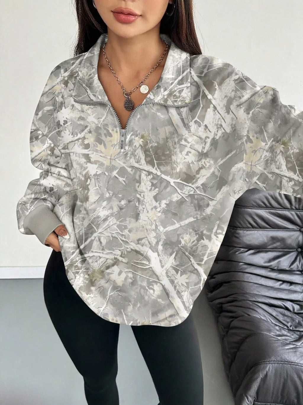 Quarter-Zip Printed Sweatshirt with Ribbed Cuffs - Draped in Grace