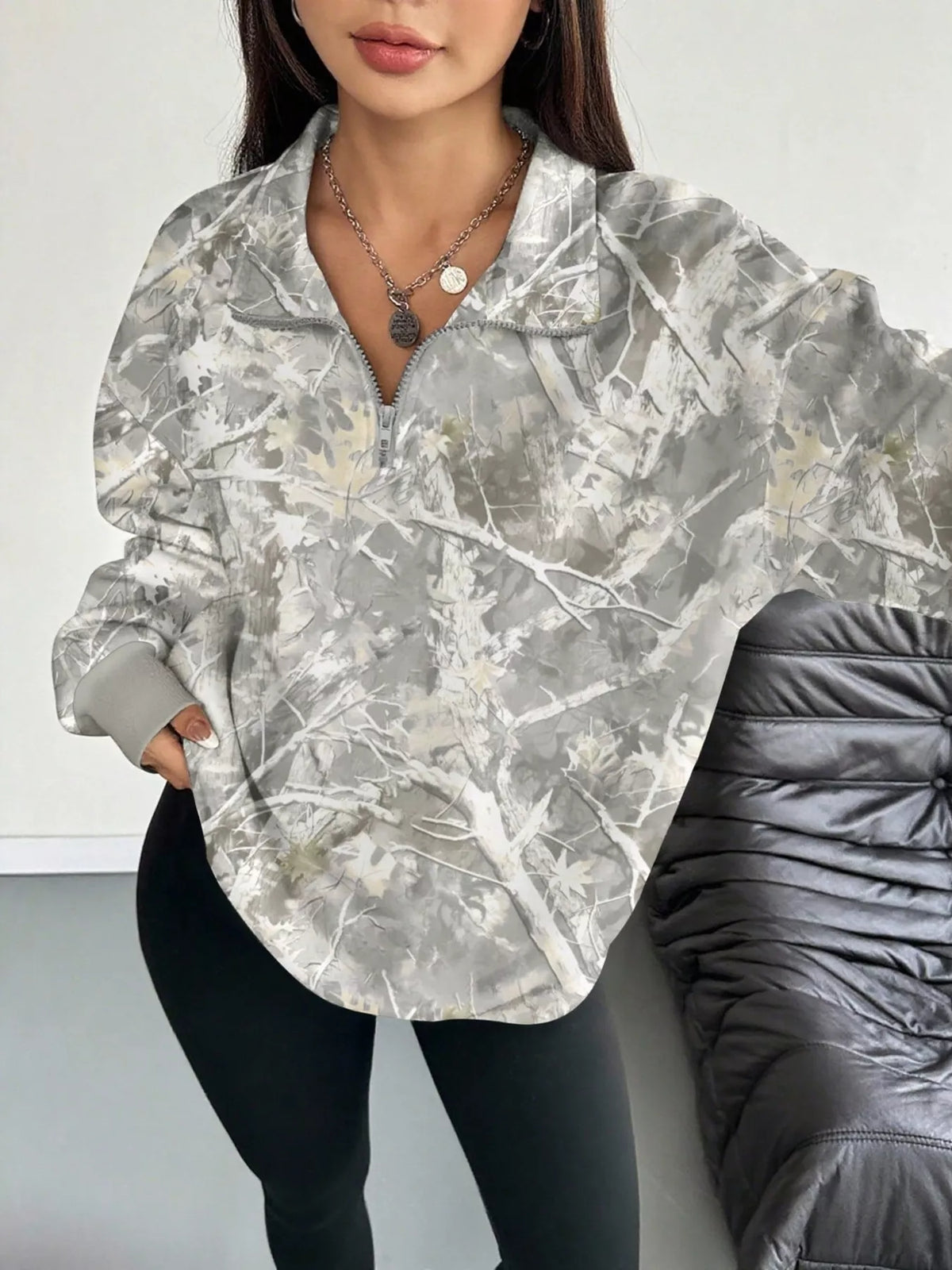 Quarter-Zip Printed Sweatshirt with Ribbed Cuffs - Draped in Grace