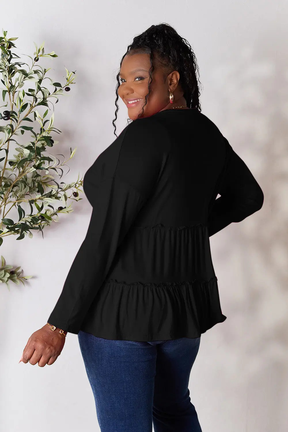 Double Take Half Button Long Sleeve Ruffle Hem Blouse - Draped in Grace