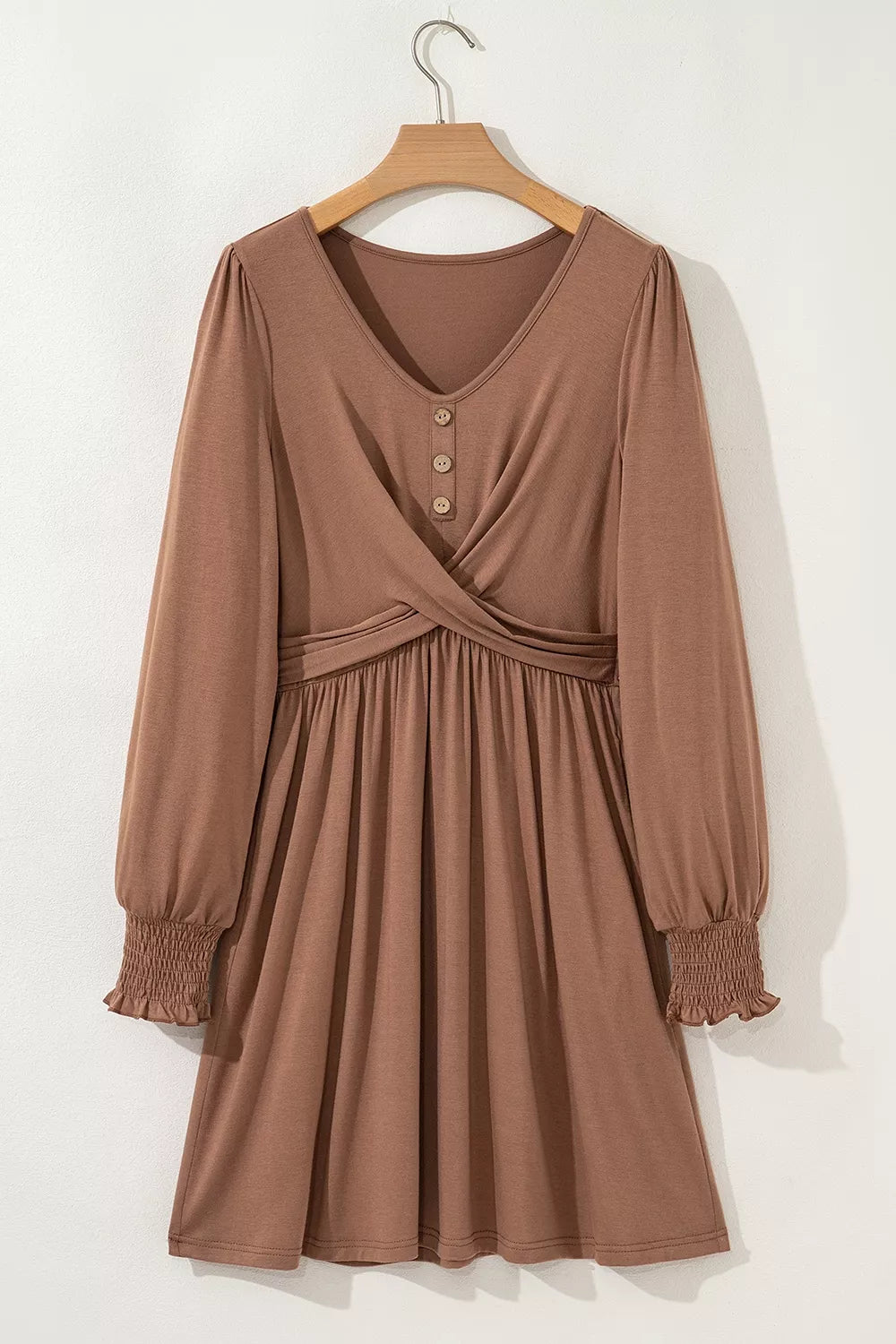 Shirred Cuff Long Sleeve Button Round Neck Mini Dress - Draped in Grace