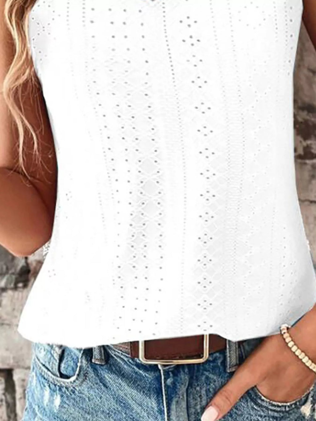 Eyelet Lace Trim V-Neck Tank Top - Draped in Grace