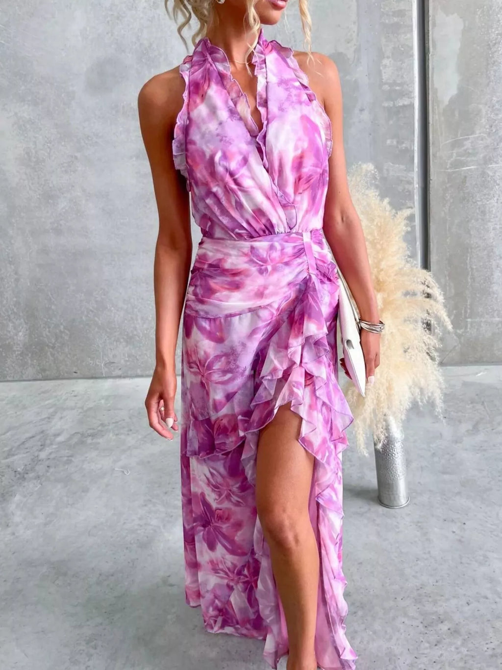 Floral Print Ruffle Halter Neck Maxi Dress - Draped in Grace