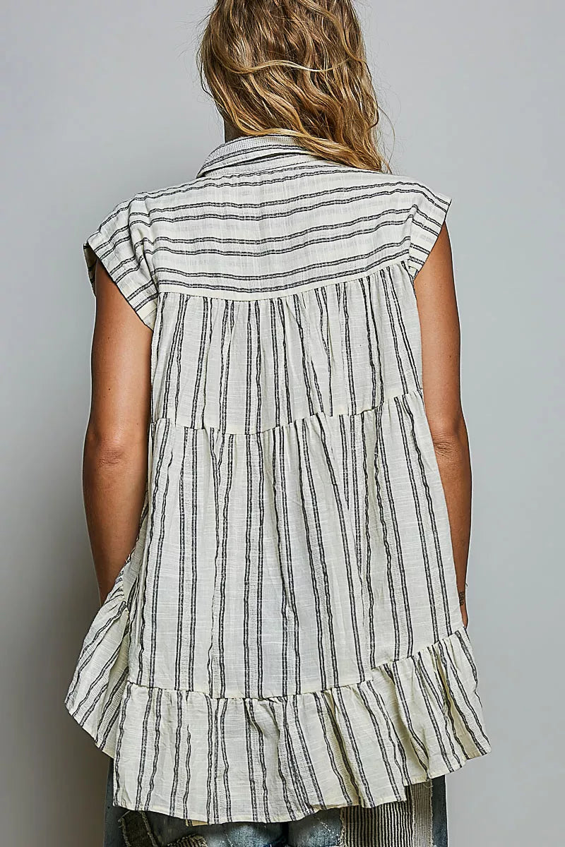 POL Striped Ruffle Collared Sleeveless Cotton Top - Draped in Grace