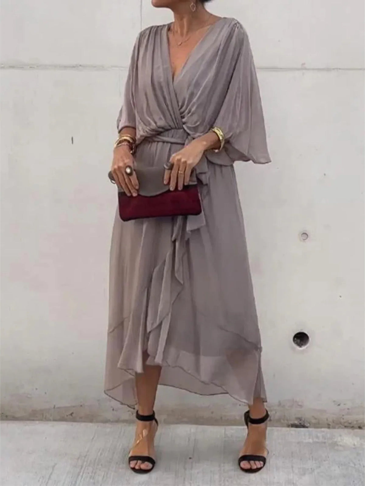 Full Size Flowy Tie Front Midi Dress with Flutter Sleeves Plus Size - Draped in Grace