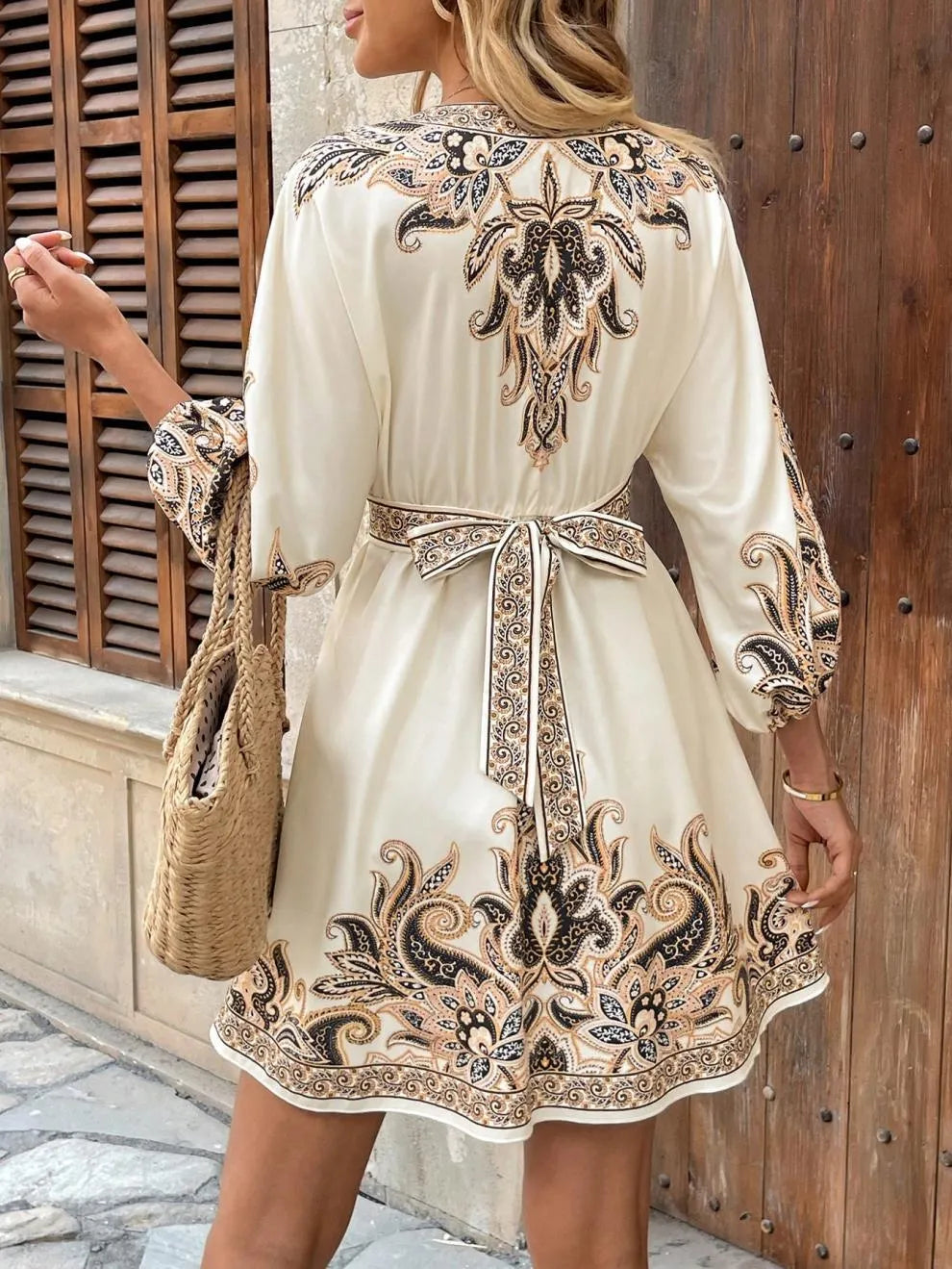 Paisley V-Neck 3/4 Sleeve Mini Dress - Draped in Grace