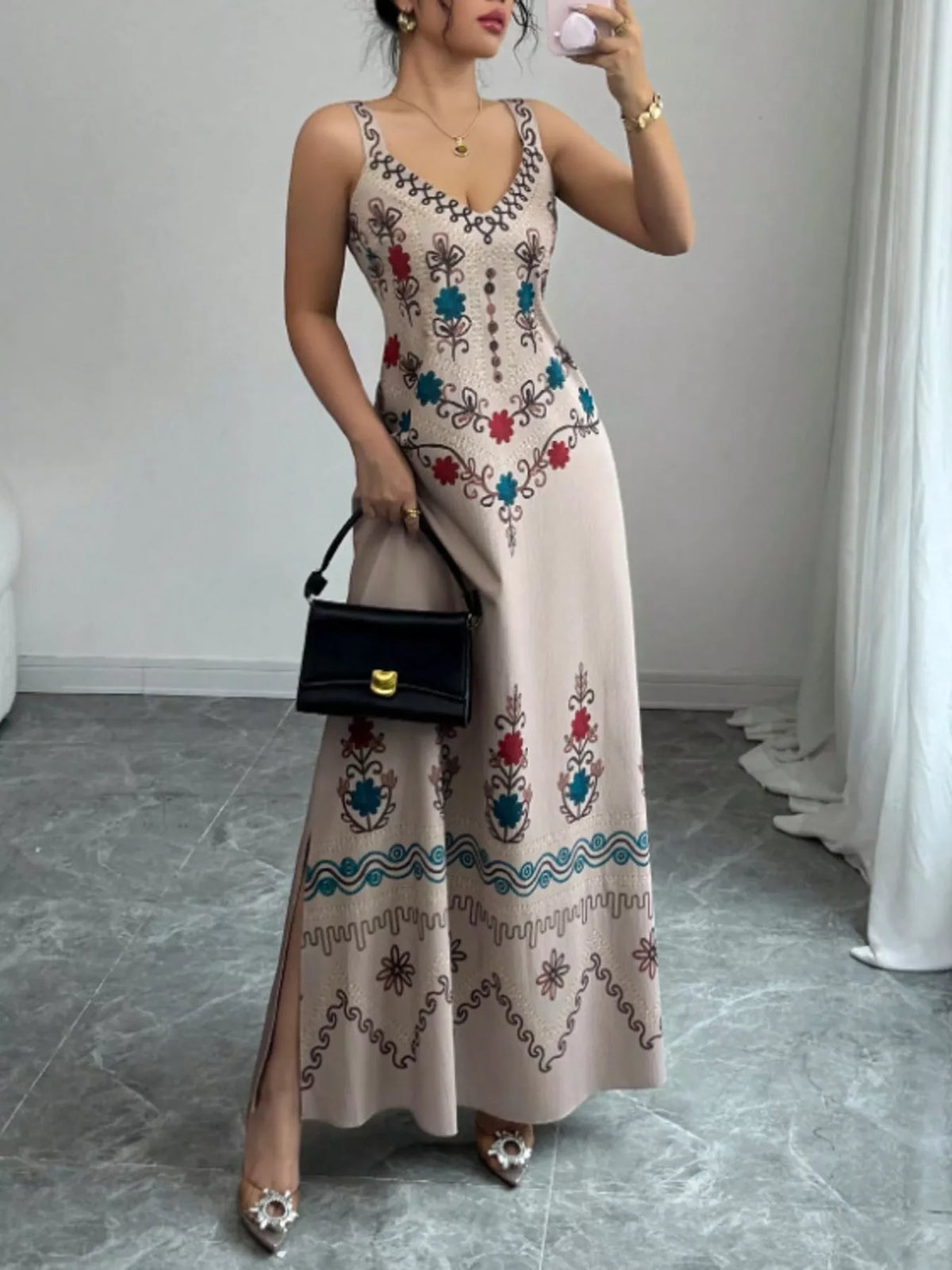 Floral Sleeveless Maxi Dress with Side Slit - Draped in Grace
