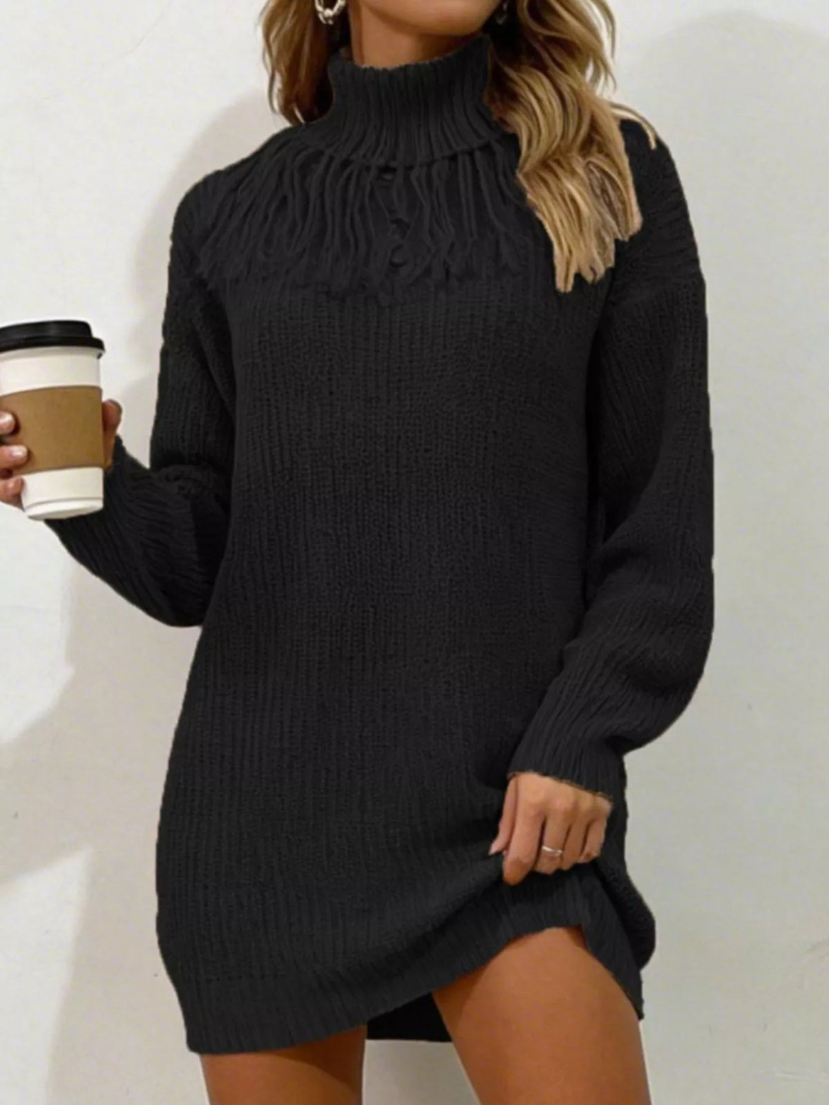 Full Size Turtleneck Fringe Detail Sweater Dress Plus Size - Draped in Grace