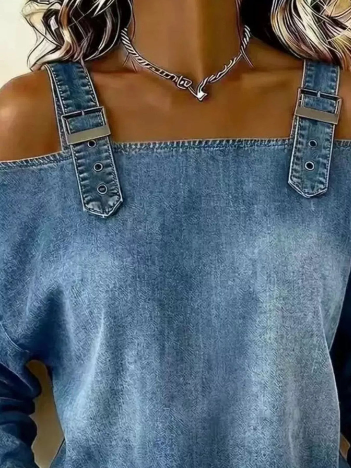Full Size Buckle Strap Long Sleeve Denim Top Plus Size - Draped in Grace