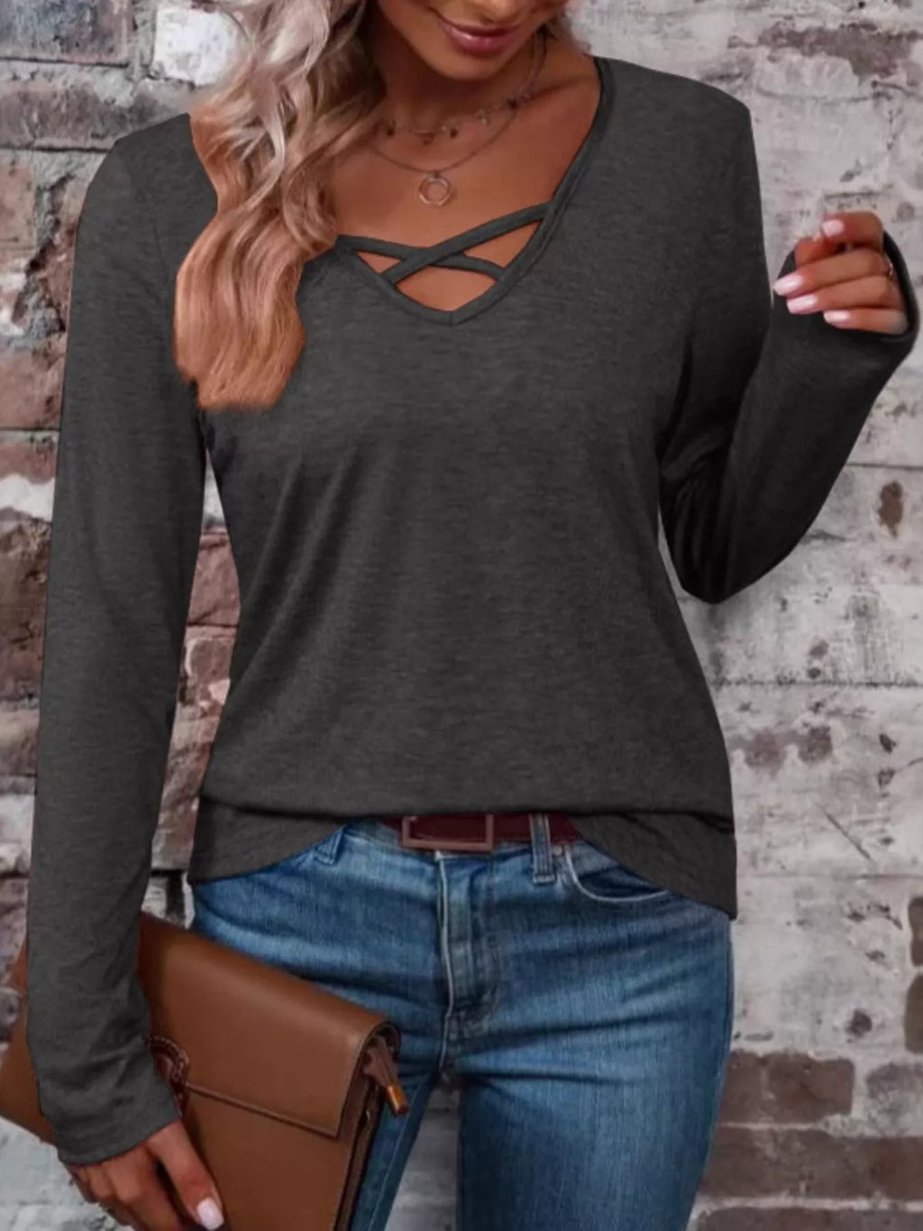 Crisscross V-Neck Long Sleeve T-Shirt - Draped in Grace