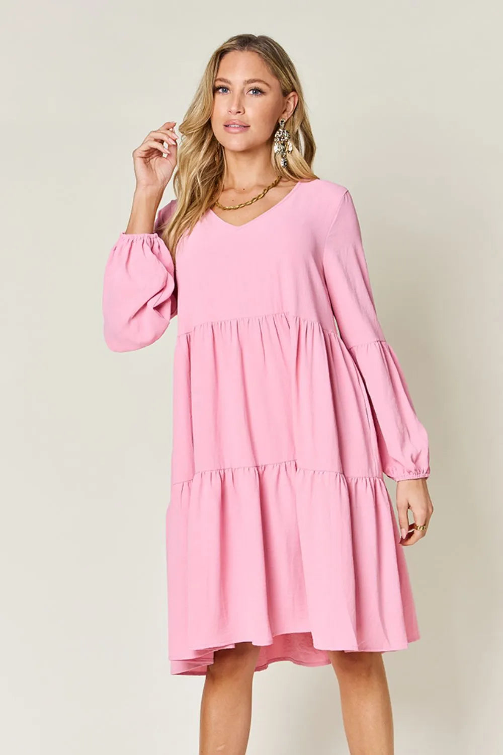 Double Take Full Size V-Neck Balloon Sleeve Tiered Dress with Pockets - Draped in Grace