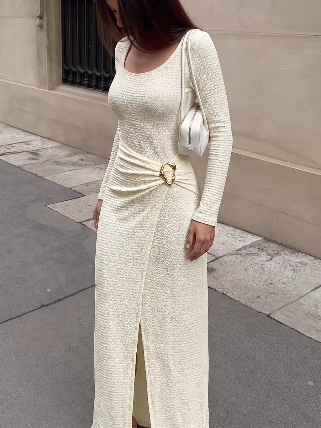 Elegant Long Sleeve Ruched Midi Dress - Draped in Grace
