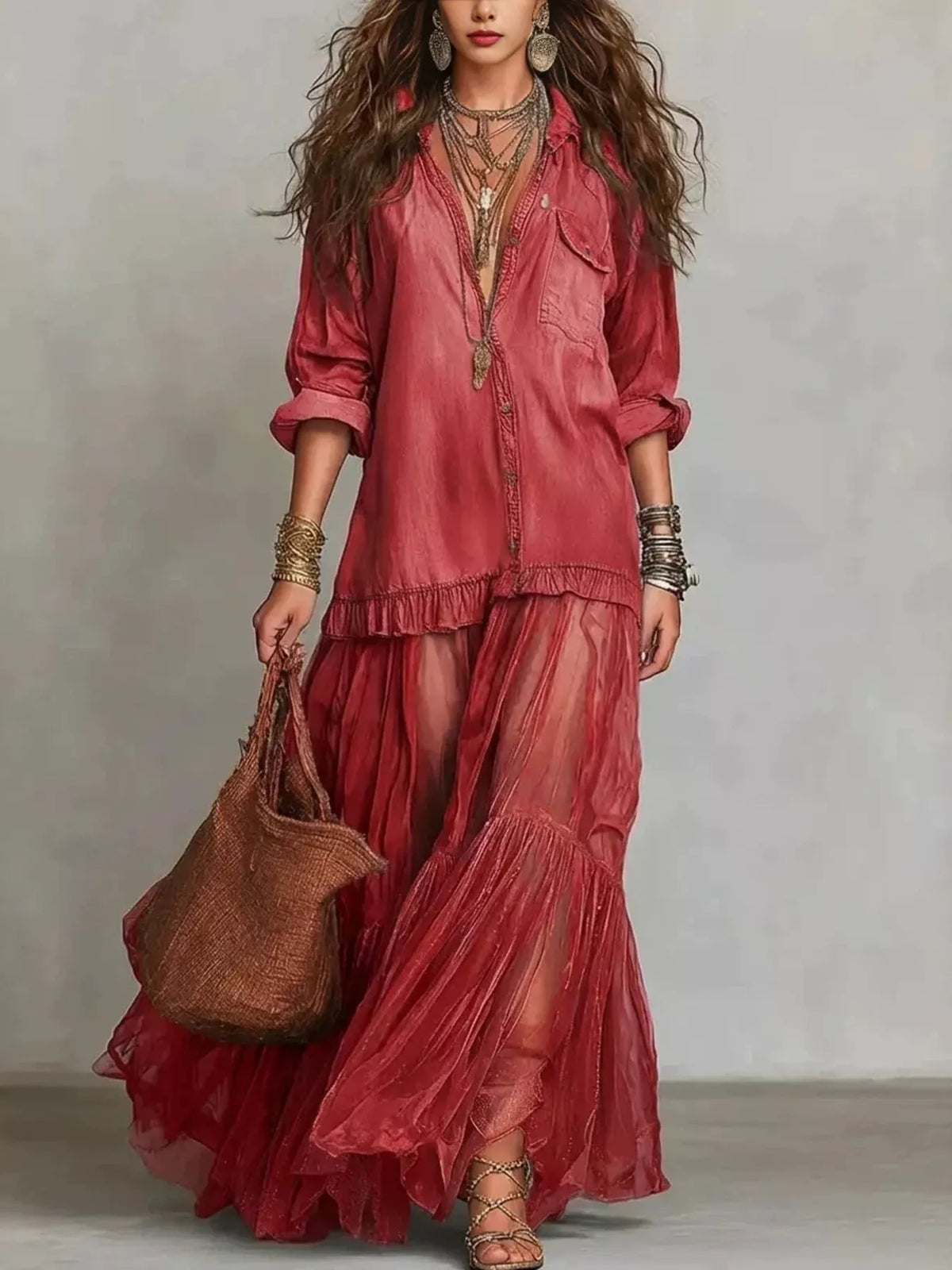 Full Size Tiered Long Sleeve Denim Shirt Maxi Dress Plus Size - Draped in Grace