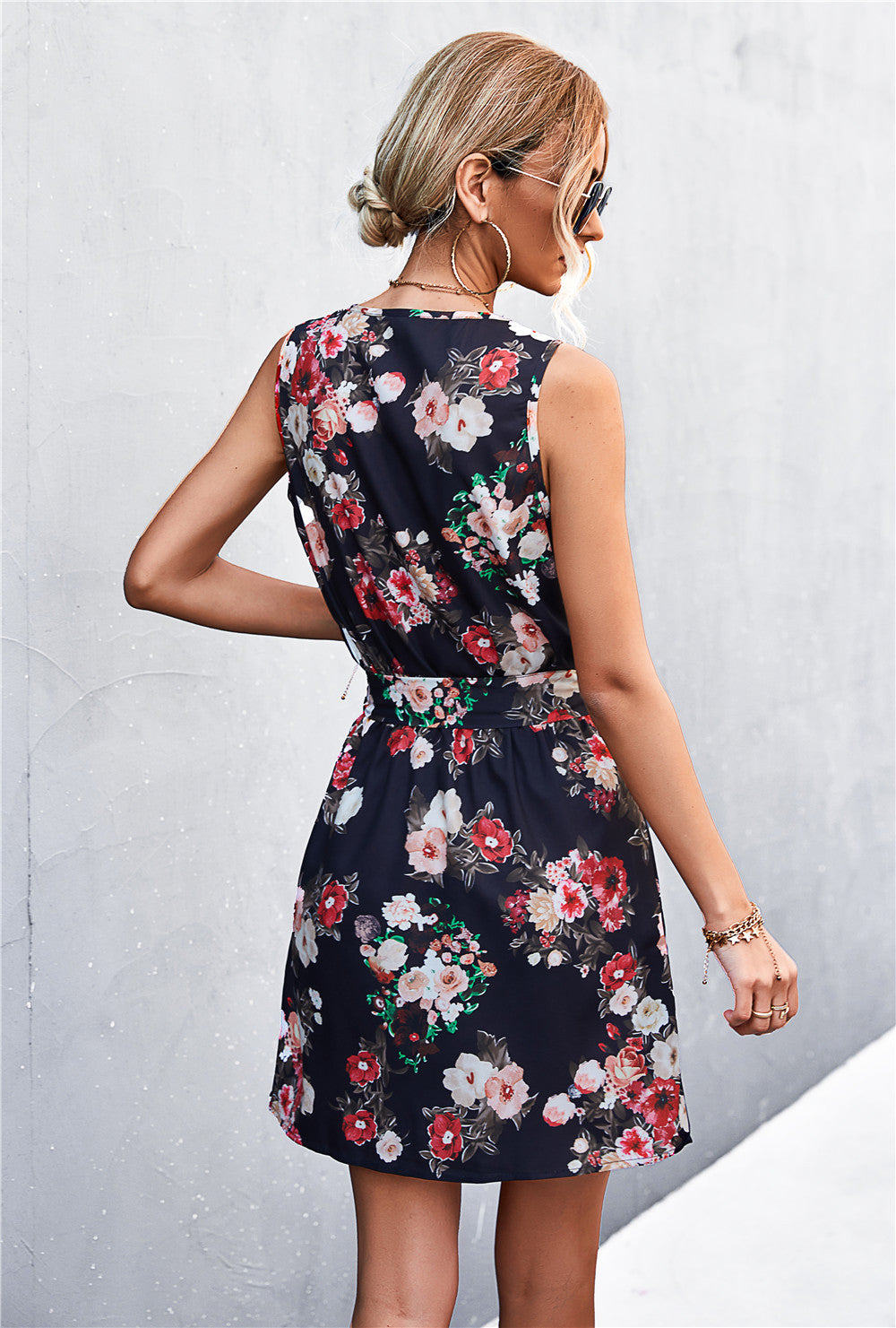 Printed Zip Detail Belted Sleeveless Dress - Draped in Grace