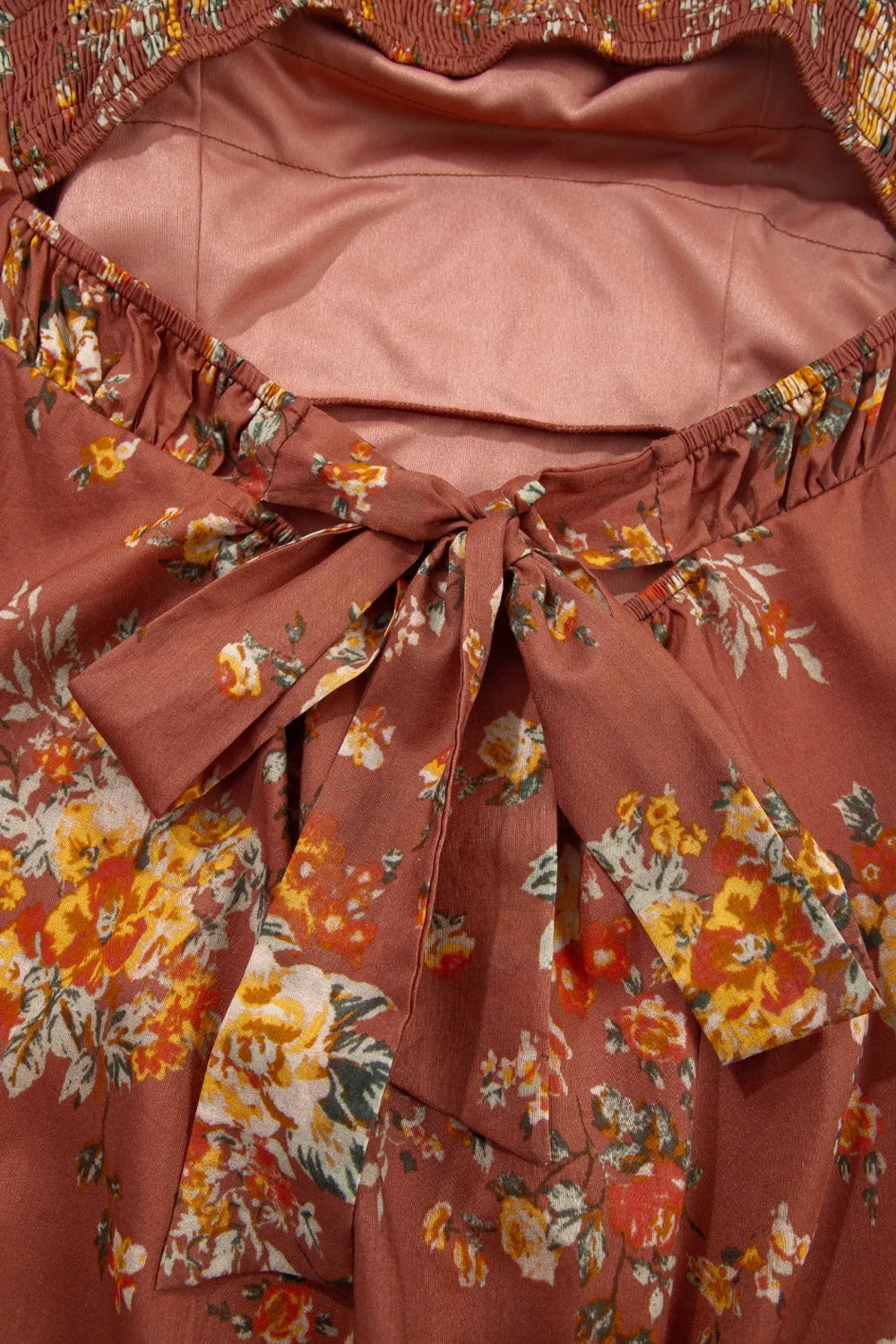 Floral Puff Sleeve Square Neck Knot Open Back Mini Dress - Draped in Grace