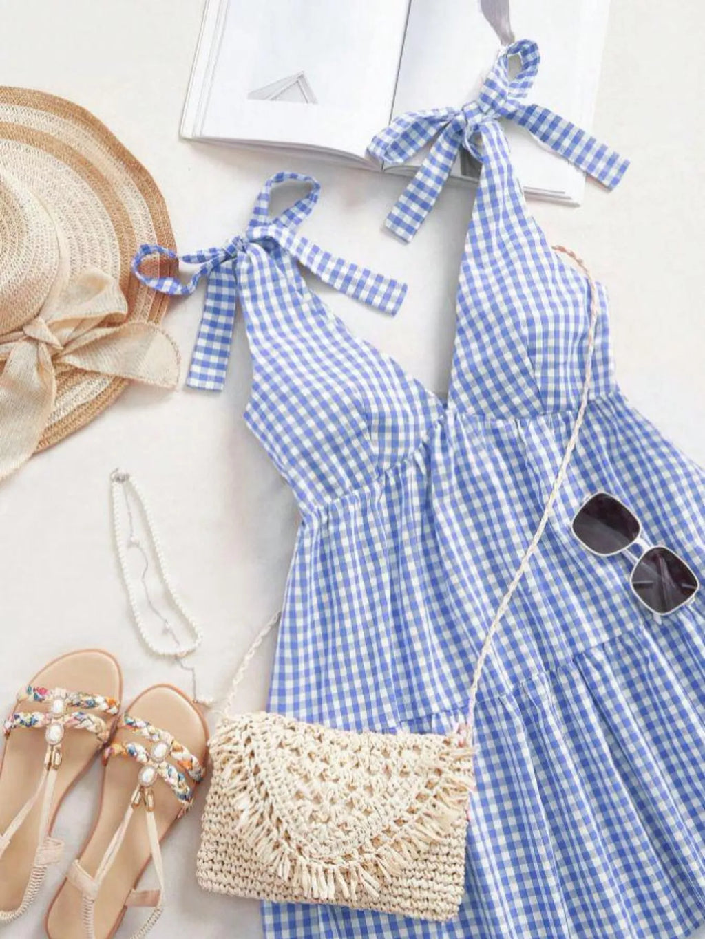 Gingham Tie-Shoulder Ruffle Hem Mini Dress - Draped in Grace