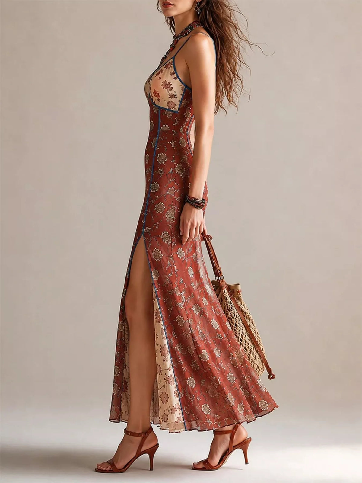 Floral Print Spaghetti Strap Maxi Dress with High Slit - Draped in Grace