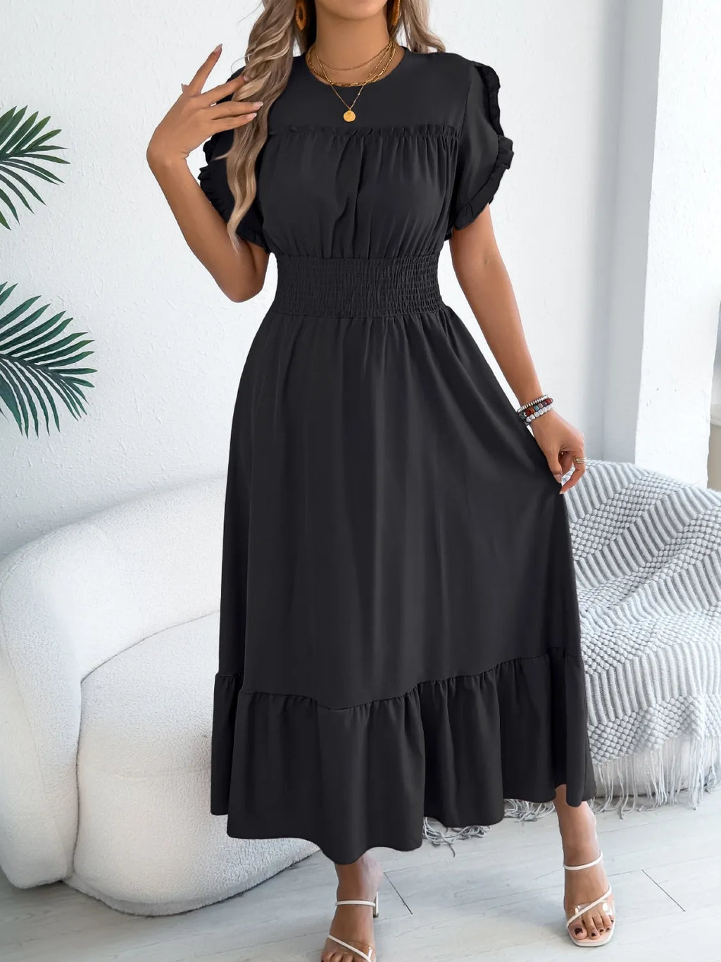 Smocked Frill Round Neck Midi Dress - Draped in Grace