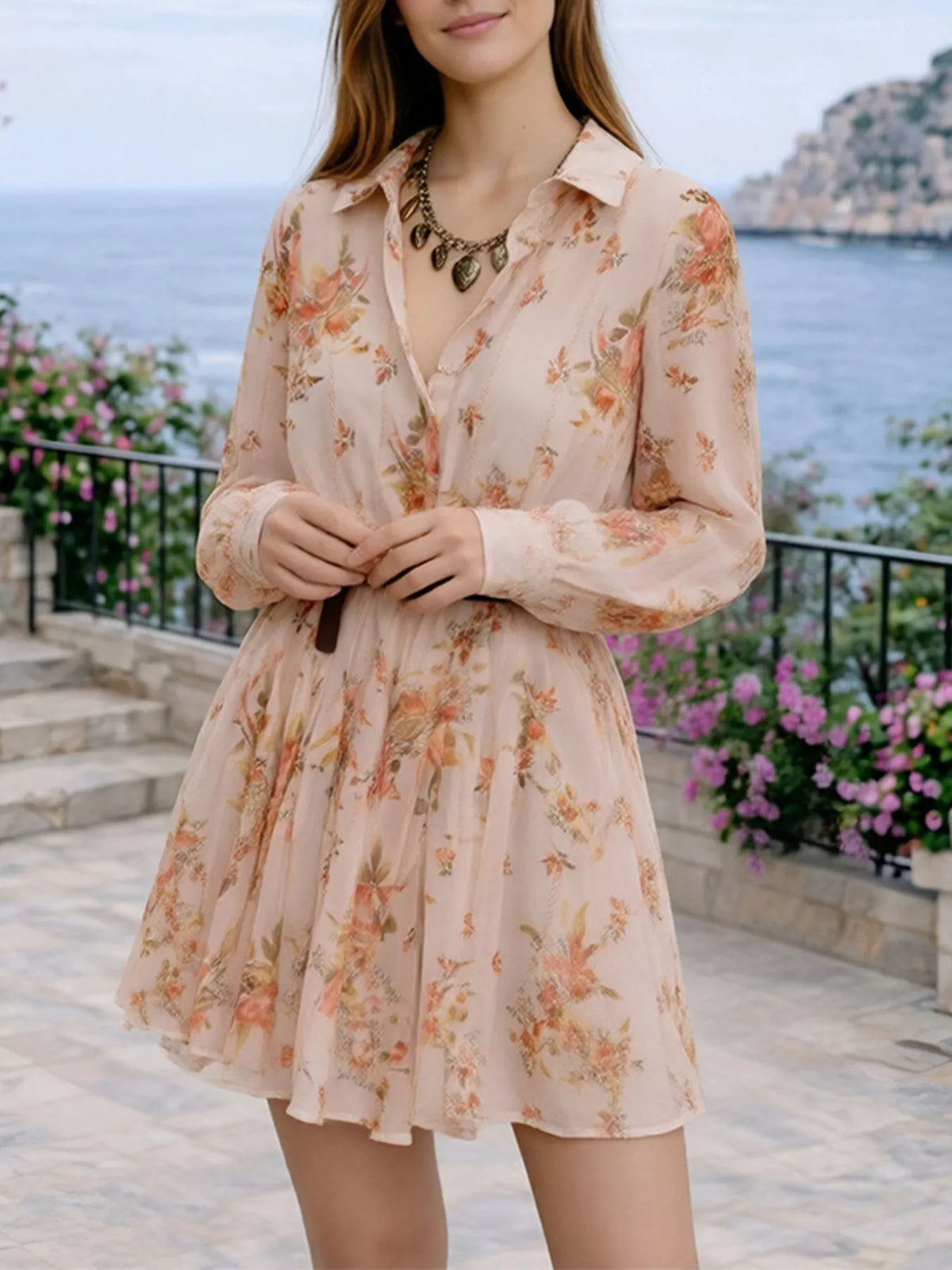 Full Size Floral Print Long Sleeve Shirt Dress Plus Size - Draped in Grace