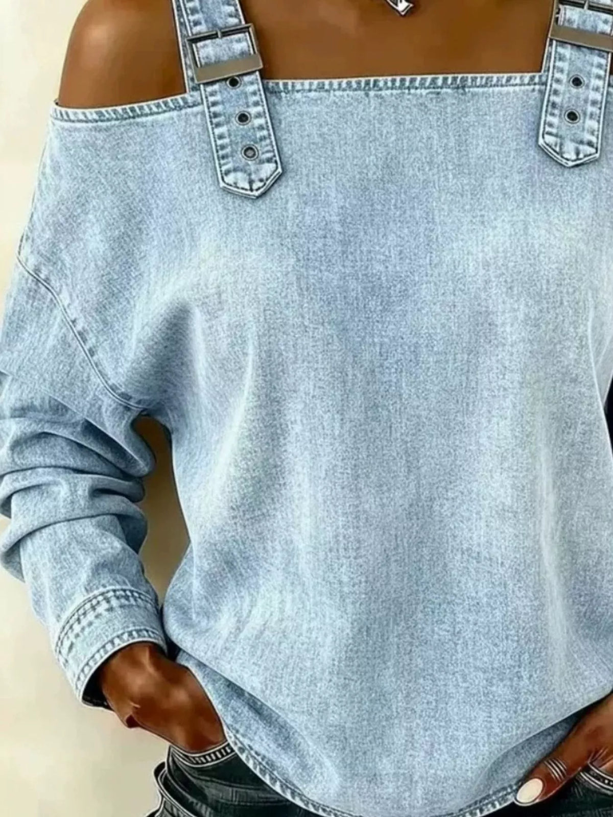 Full Size Buckle Strap Long Sleeve Denim Top Plus Size - Draped in Grace