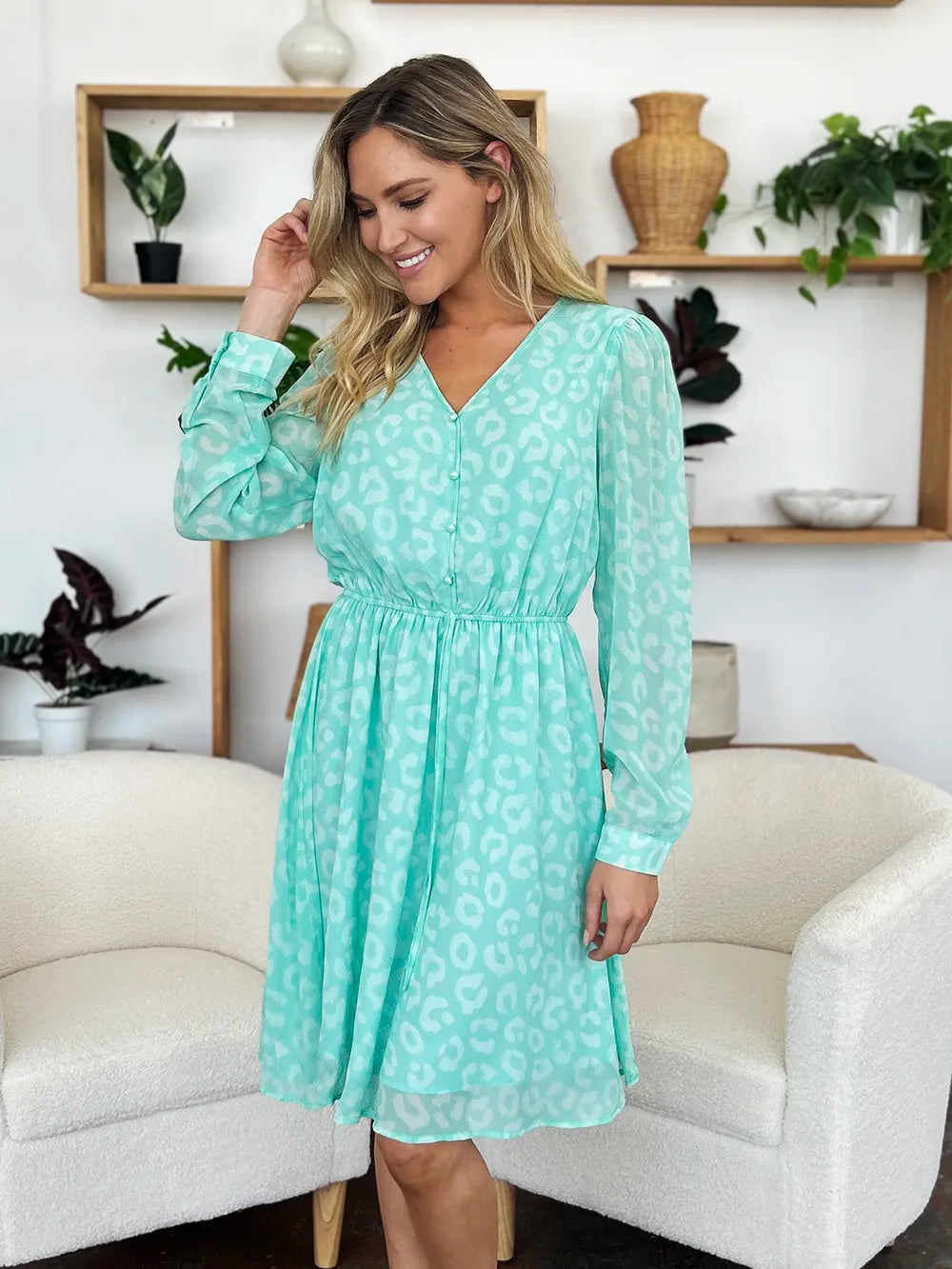 Double Take Full Size Printed Ruched V-Neck Long Sleeve Dress - Draped in Grace