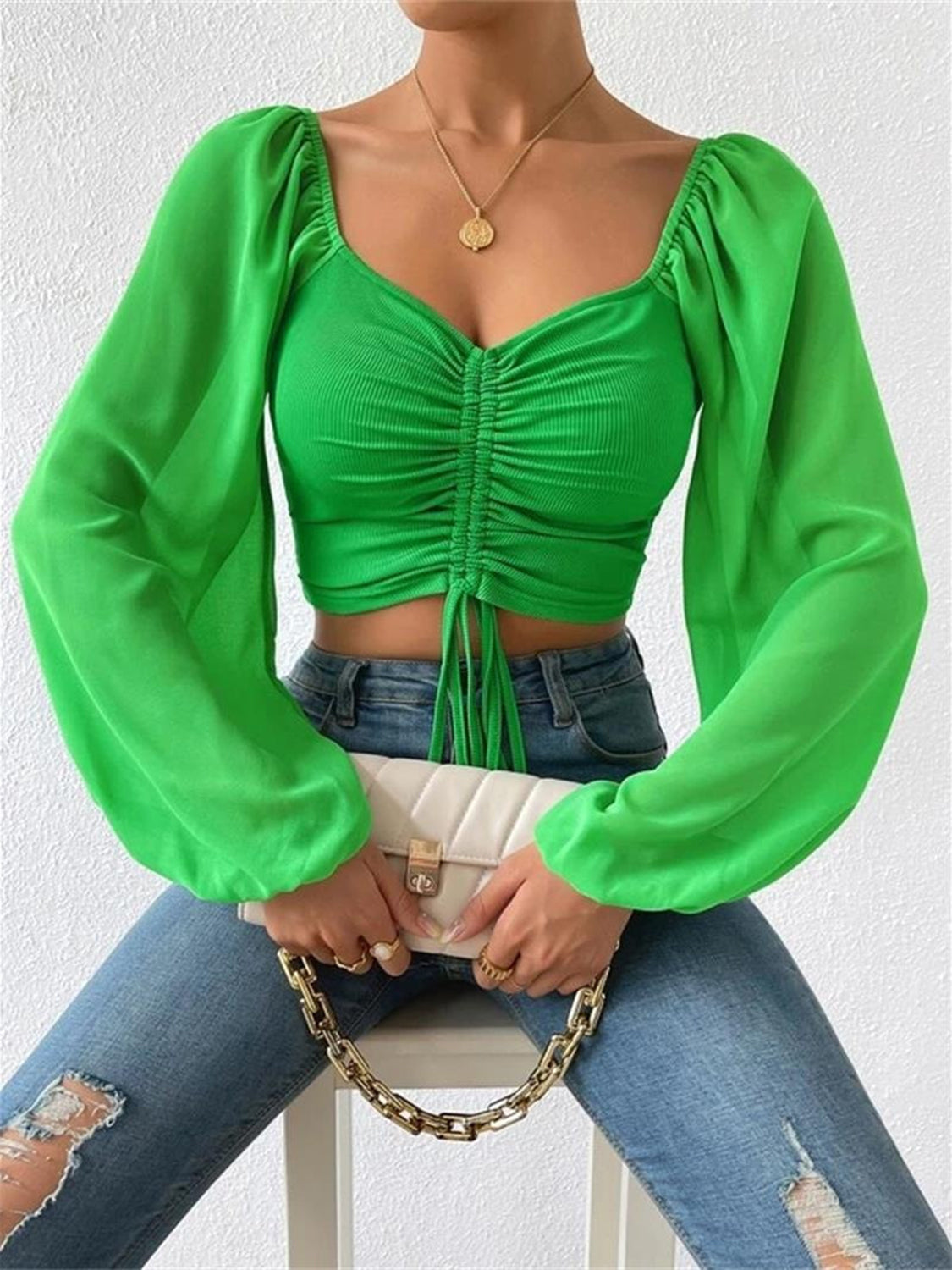 Drawstring Sweetheart Neck Cropped Top - Draped in Grace