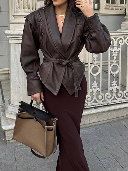Belted Leather Jacket with Shawl Collar - Draped in Grace