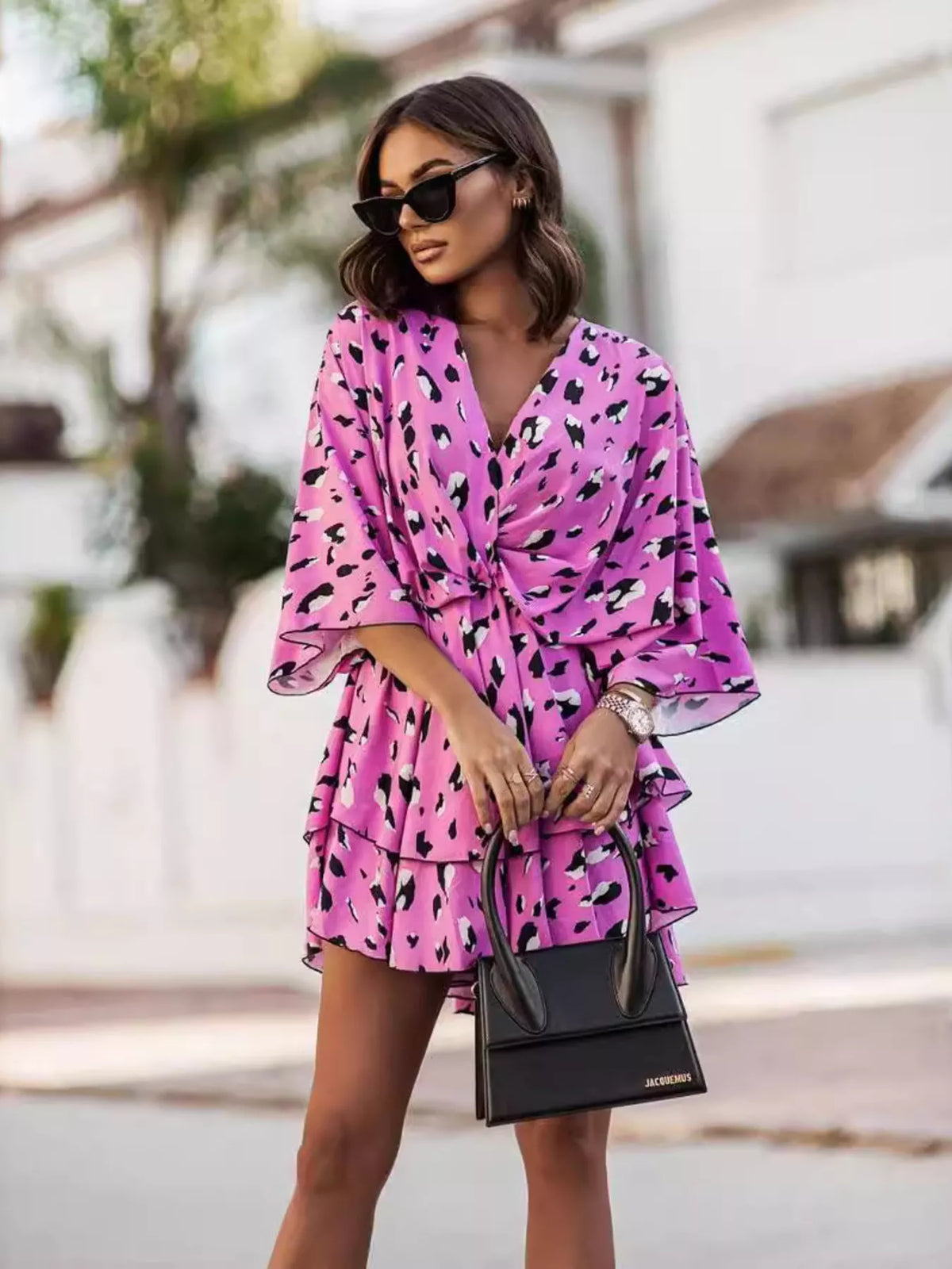 Layered Printed Surplice Mini Dress - Draped in Grace