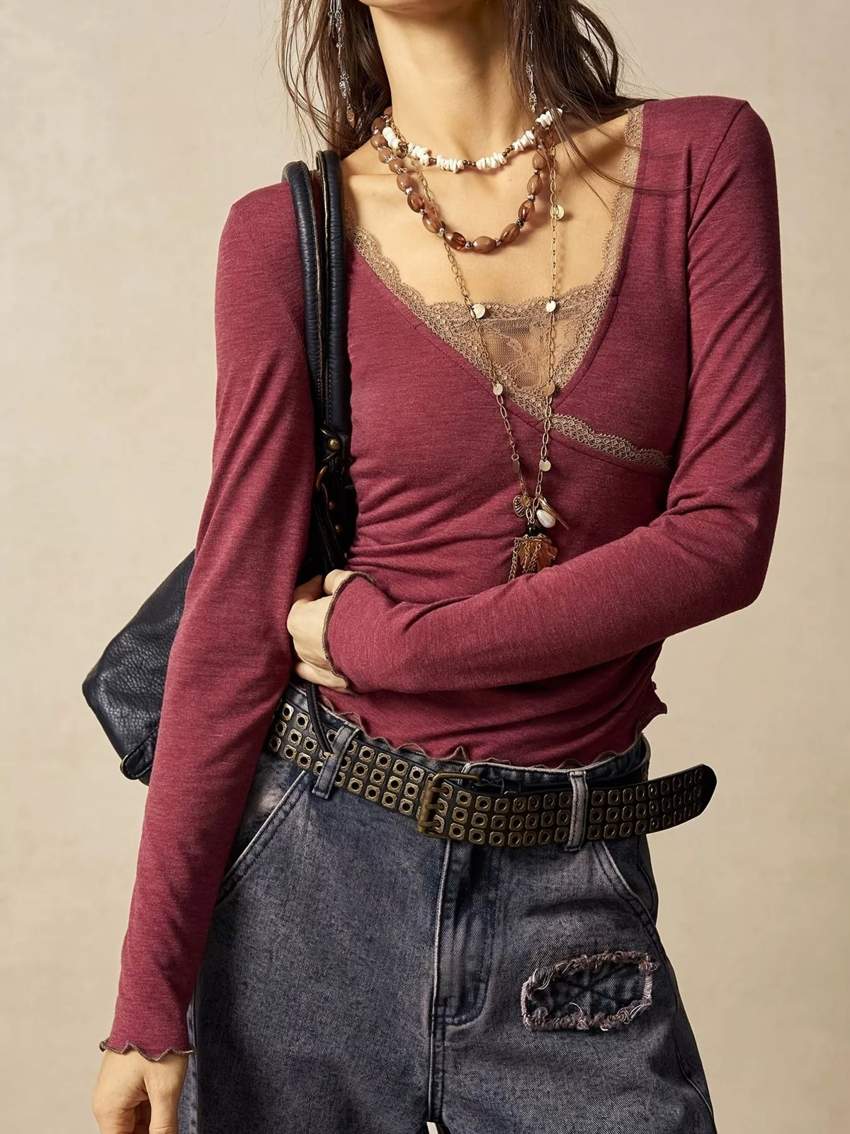 Lace Detail Long Sleeve T-Shirt - Draped in Grace