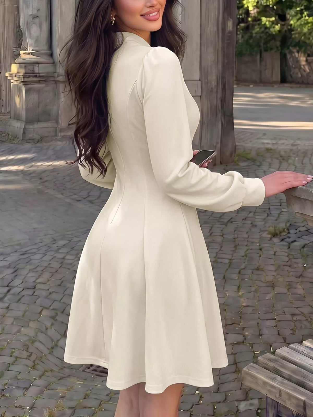 Keyhole Neckline Long Sleeve A-Line Mini Dress - Draped in Grace