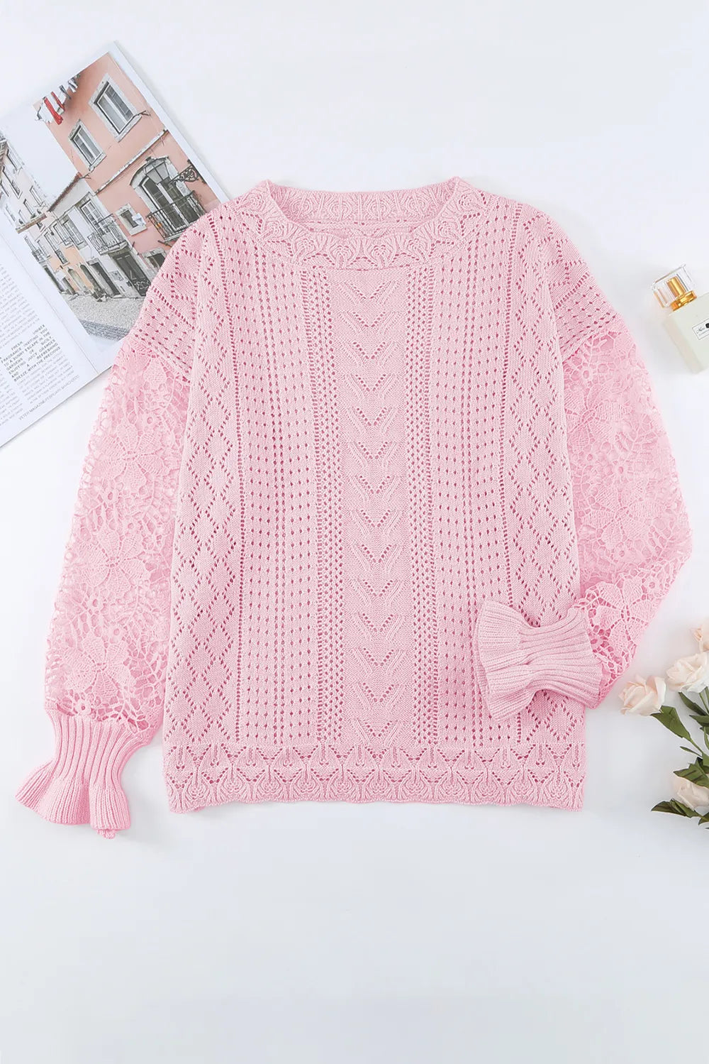 Openwork Round Neck Long Sleeve Sweater - Draped in Grace