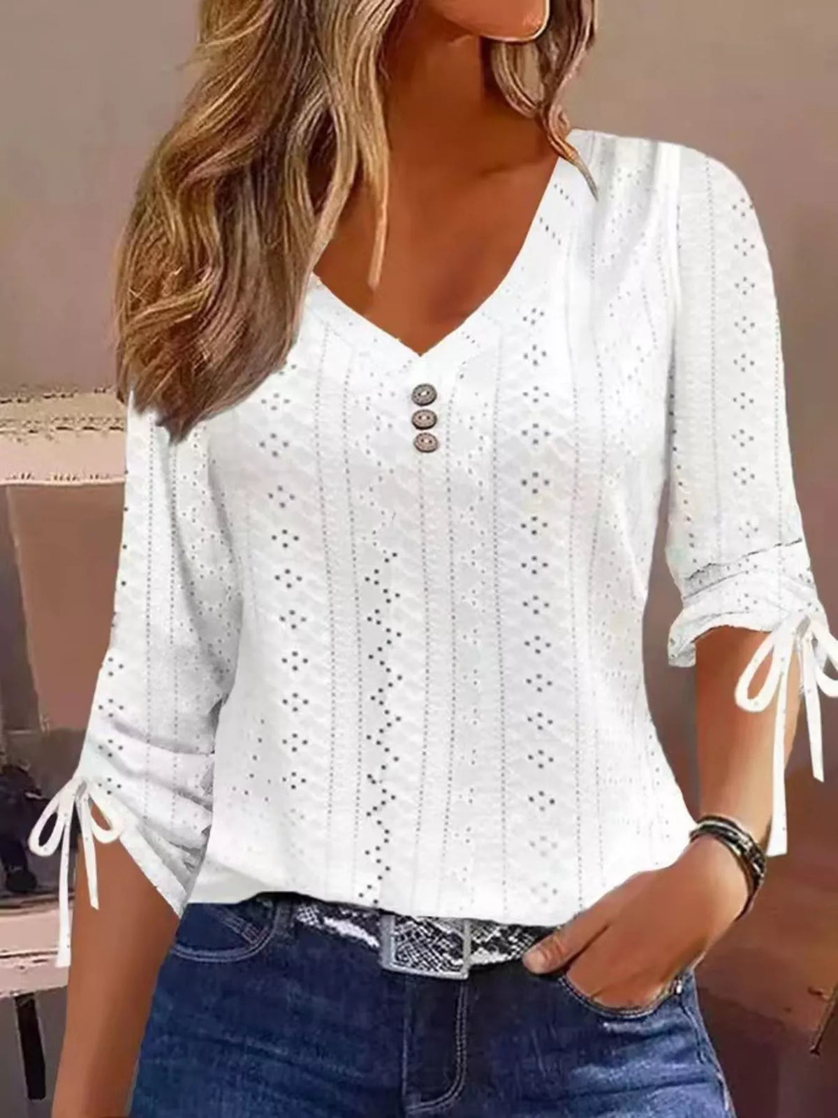 Full Size V-Neck Eyelet Drawstring Sleeve Top Plus Size - Draped in Grace