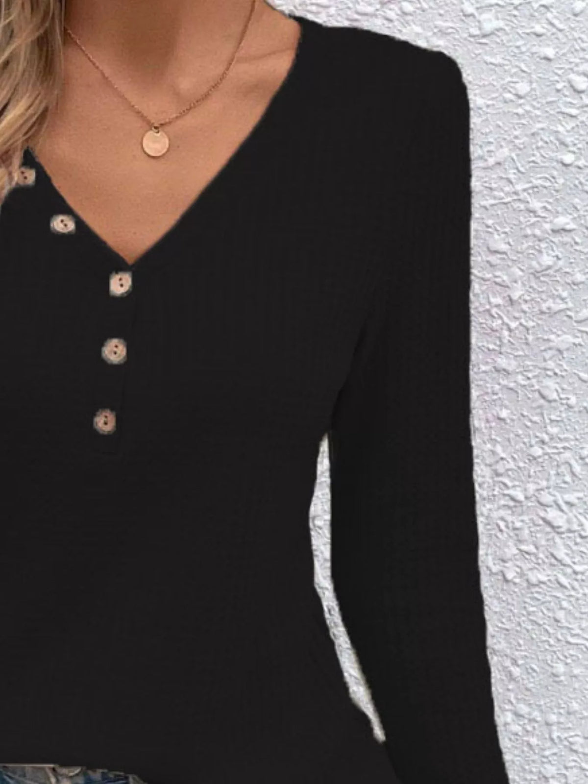 Waffle Knit Button-Detail V-Neck T-Shirt - Draped in Grace