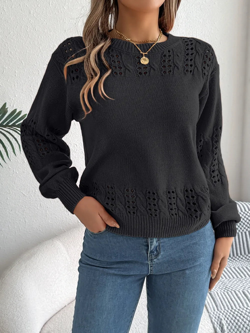 Openwork Round Neck Long Sleeve Sweater - Draped in Grace