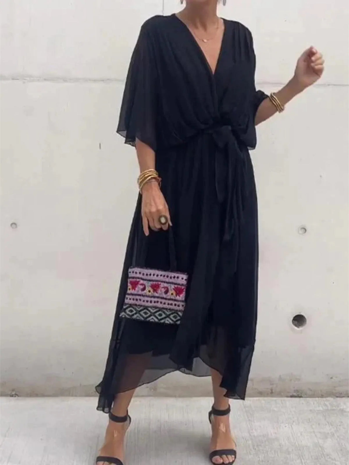 Full Size Flowy Tie Front Midi Dress with Flutter Sleeves Plus Size - Draped in Grace