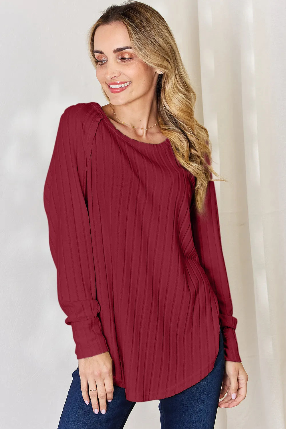 Basic Bae Full Size Ribbed Round Neck Slit T-Shirt - Draped in Grace