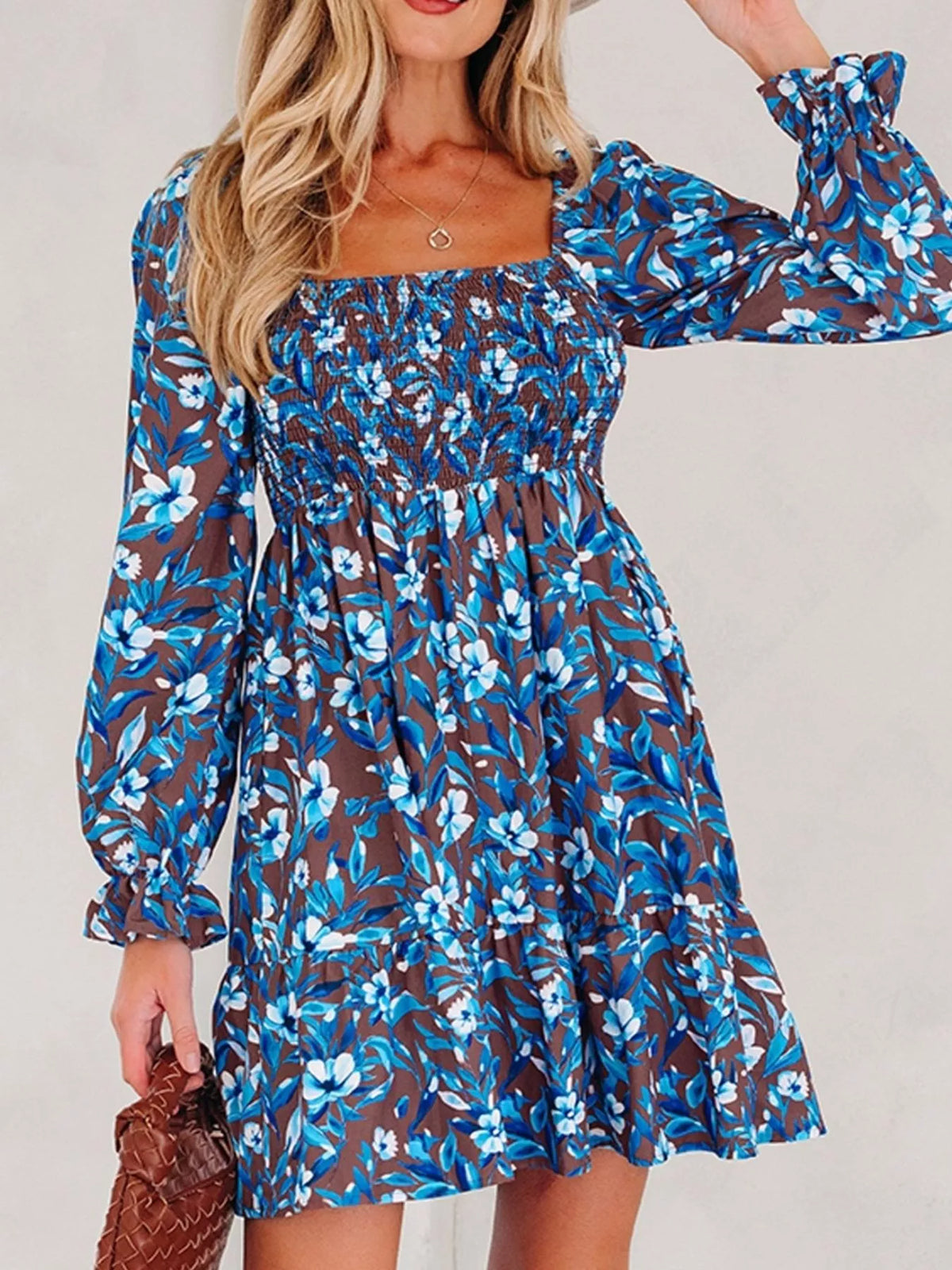 Smocked Bodice High Waist Ruffled Sleeve Floral Dress - Draped in Grace