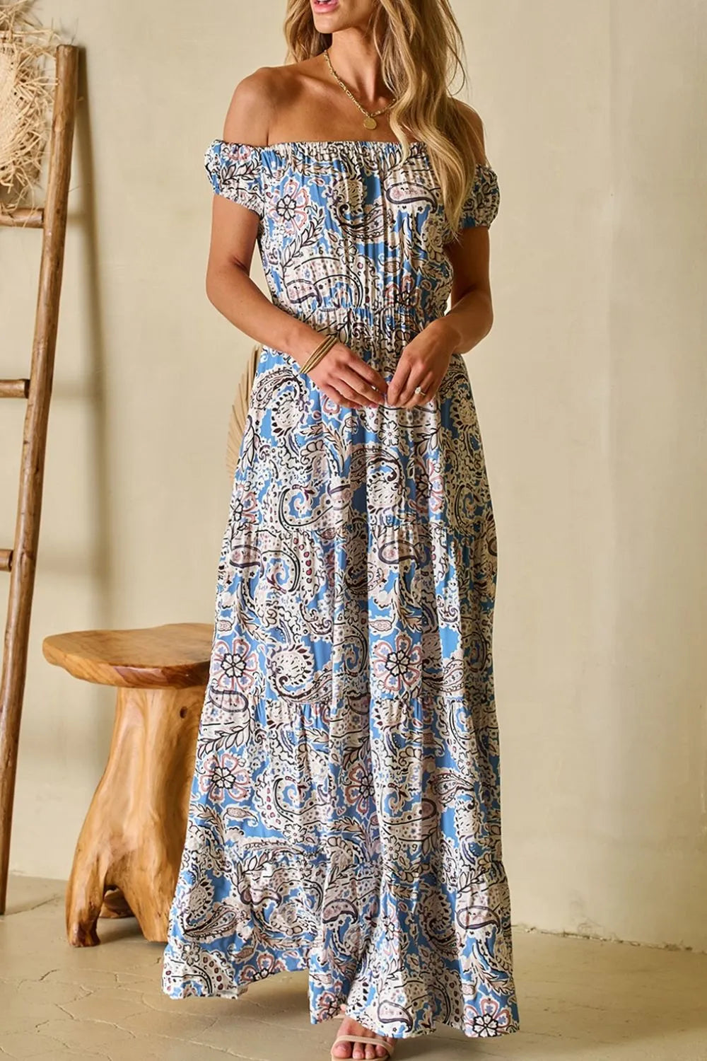 Boho Paisley Print Off Shoulder Maxi Dress - Draped in Grace