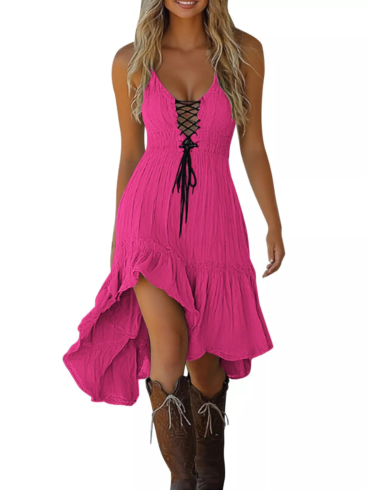 Lace-Up Front High-Low Ruffle Hem Dress - Draped in Grace