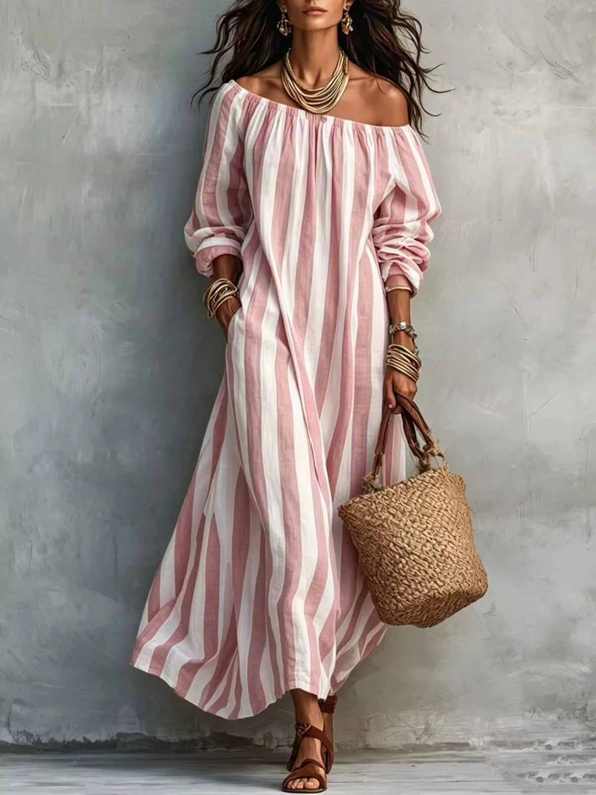 Off-Shoulder Striped Dress with Pockets - Draped in Grace